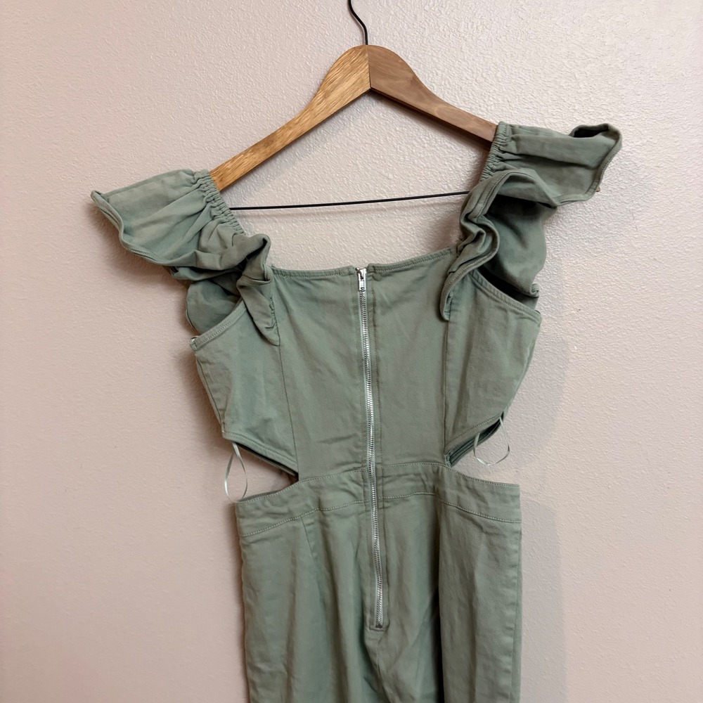 Flying Tomato Denim Jumpsuit S Sage Green Ruffle Cutout Flare - Picture 3 of 5